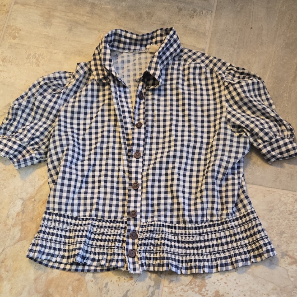American Vintage Blue and White Gingham Button Front Blouse